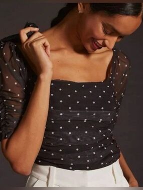 Anthropologie 2X Black White Polka Dot Mesh Square Neck Ruched Crop Top
